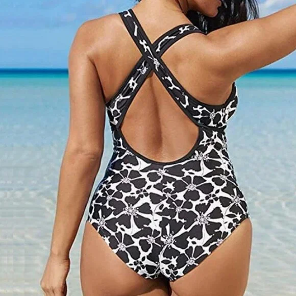 Hawaiian Floral Print One-Piece Lace-Up Bathing Suit - Picture 2 of 9
